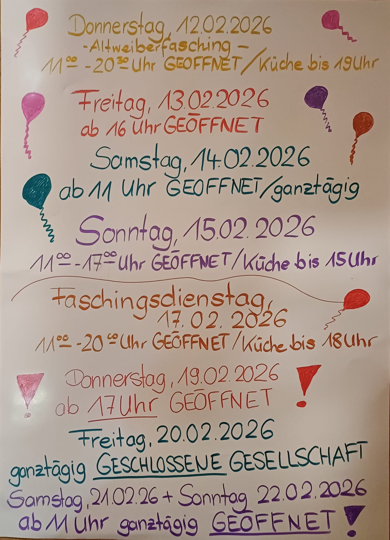 Öffnungszeiten Fasching